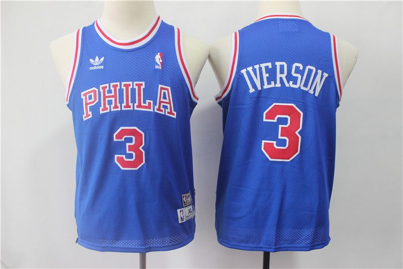 Youth Philadelphia 76ers 3 Iverson Blue Adidas NBA Jerseys